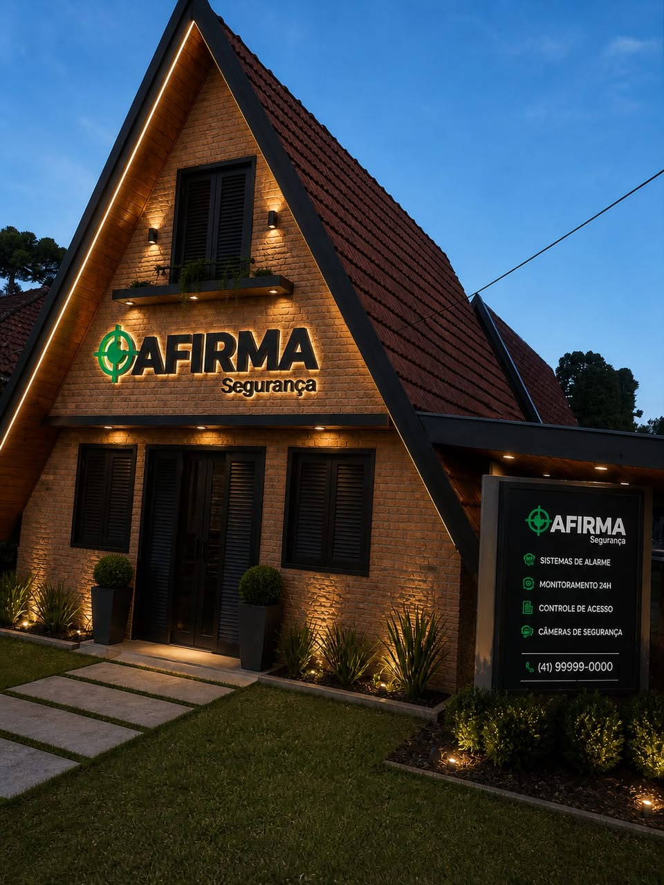 Nova sede Afirma em Gramado — fachada iluminada à noite